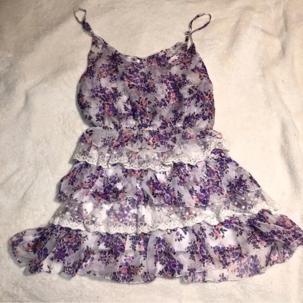 Paradis Miss Mini Dress Purple White Floral Lace Spaghetti Straps Size Large